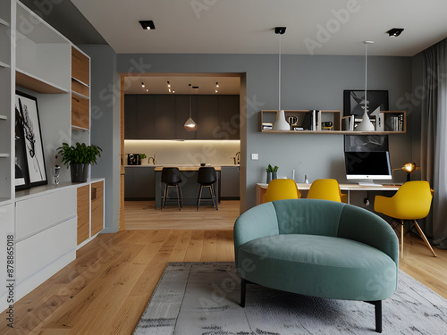 Interior of Small Apartment Living Room for Home Office: Real Estate Rent and Home Staging