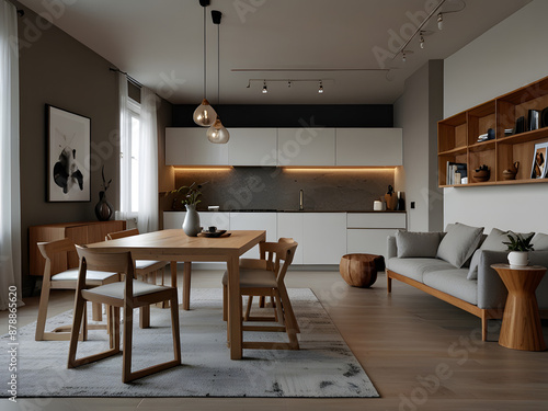 Minimalist Studio Apartment: Modern Living Room Interior Design with Dining Table and Stools