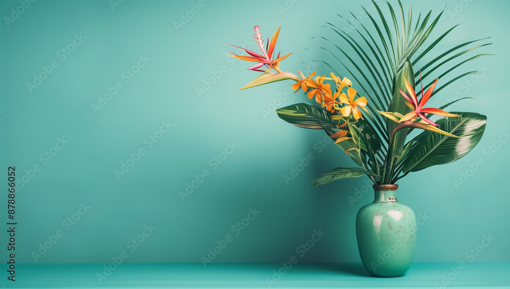 An exotic arrangement of tropical flowers in a modern vase on the right side against a vibrant turquoise background An exotic arrangement of tropical flowers in a modern vase on the right side against a vibrant turquoise background
