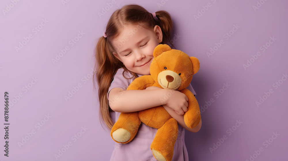 Adorable Little Girl Hugging Teddy Bear, Smiling with Joy, Cute Child with Favorite Toy on Purple Background Adorable Little Girl Hugging Teddy Bear, Smiling with Joy, Cute Child with Favorite Toy on Purple Background