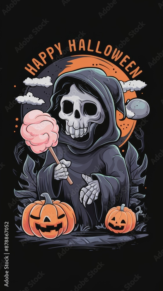 Grim reaper holding a vibrant ice cream cone on a black background, surrounded by skulls and stars. happy halloween text in an eye-catching font enhances the festive theme. Grim reaper holding a vibrant ice cream cone on a black background, surrounded by skulls and stars. happy halloween text in an eye-catching font enhances the festive theme.