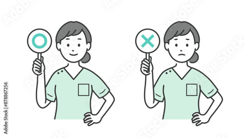 まるとばつの札を持ち腰に手を当てる女性歯科医の上半身イラスト