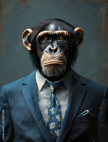 Chimpanzee in a business suit with a blue tie standing against a textured blue background. The humorous and formal portrait is suited for corporate, novelty, and creative projects. Copy space