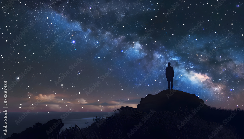 A silhouette of a man standing on a hill looking at the starry night sky, surrounded by the Milky Way galaxy. Perfect for peaceful, contemplative, or astronomical themes. A silhouette of a man standing on a hill looking at the starry night sky, surrounded by the Milky Way galaxy. Perfect for peaceful, contemplative, or astronomical themes.