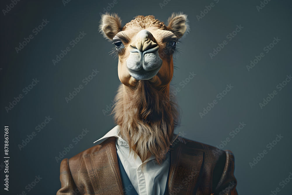 An anthropomorphic camel dressed in a business suit like a businessman, perfect for business concepts and office humor. Image has copy space. An anthropomorphic camel dressed in a business suit like a businessman, perfect for business concepts and office humor. Image has copy space.