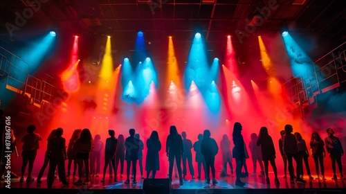 A high school drama production, students performing on stage, theatrical setting