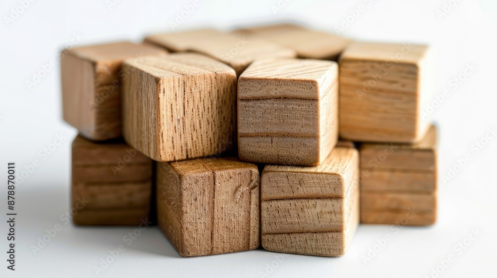 Wooden cube puzzle blocks on white background close up shot with blurred effect and empty space Wooden cube puzzle blocks on white background close up shot with blurred effect and empty space