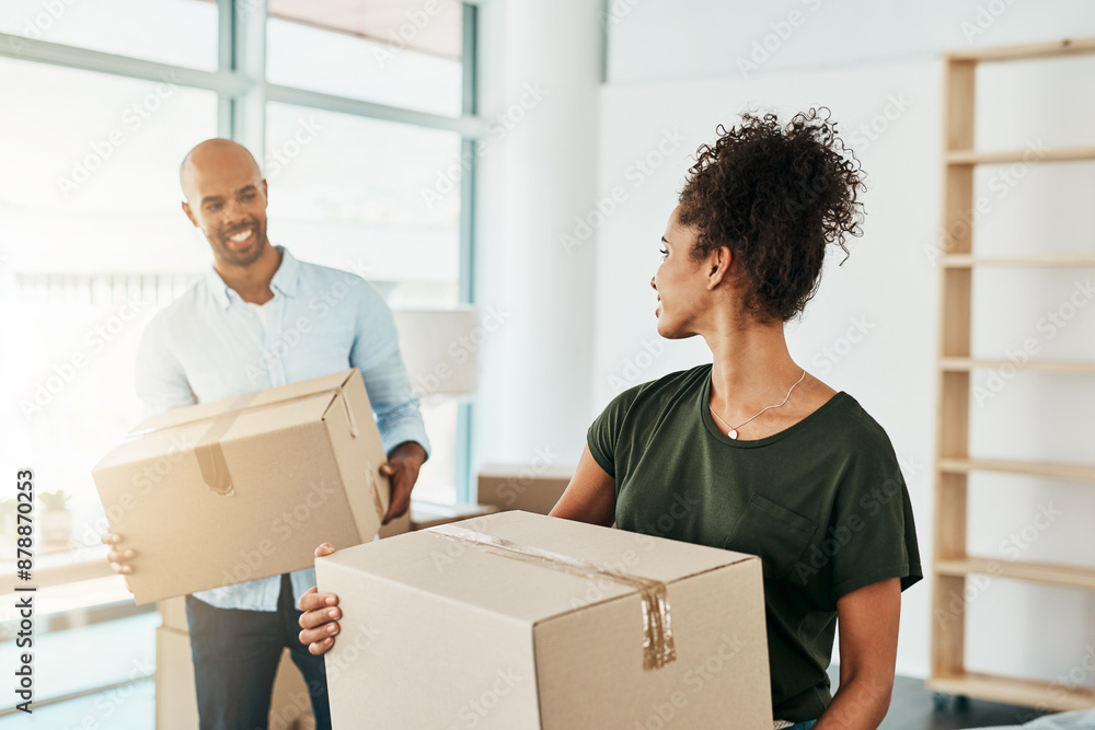 Couple, moving and smile with box in new home for property investment, ownership or relocation. Happy, woman and man with cardboard package in house for real estate, mortgage or residence in marriage Couple, moving and smile with box in new home for property investment, ownership or relocation. Happy, woman and man with cardboard package in house for real estate, mortgage or residence in marriage