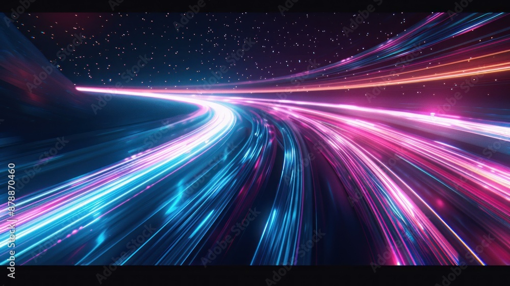 A vibrant depiction of dynamic neon light trails in blue and pink hues, creating an energy-filled futuristic scene with sparkling stars in the background. A vibrant depiction of dynamic neon light trails in blue and pink hues, creating an energy-filled futuristic scene with sparkling stars in the background.