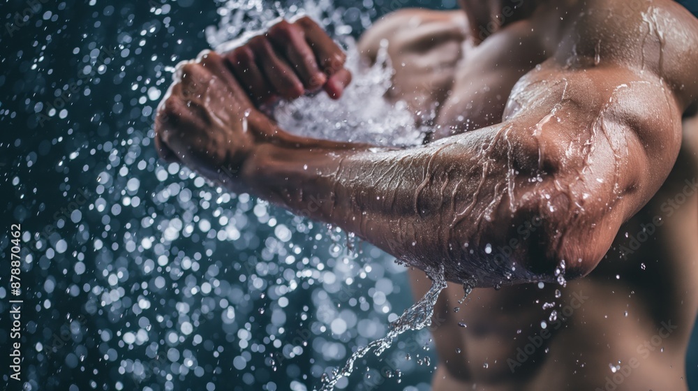 Fototapeta premium A focused athlete splashes water during an intense workout