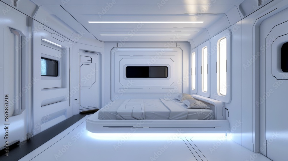 Featuring white furniture, large windows, and futuristic decor elements, the sleek and modern living room boasts a minimalist design. Featuring white furniture, large windows, and futuristic decor elements, the sleek and modern living room boasts a minimalist design.