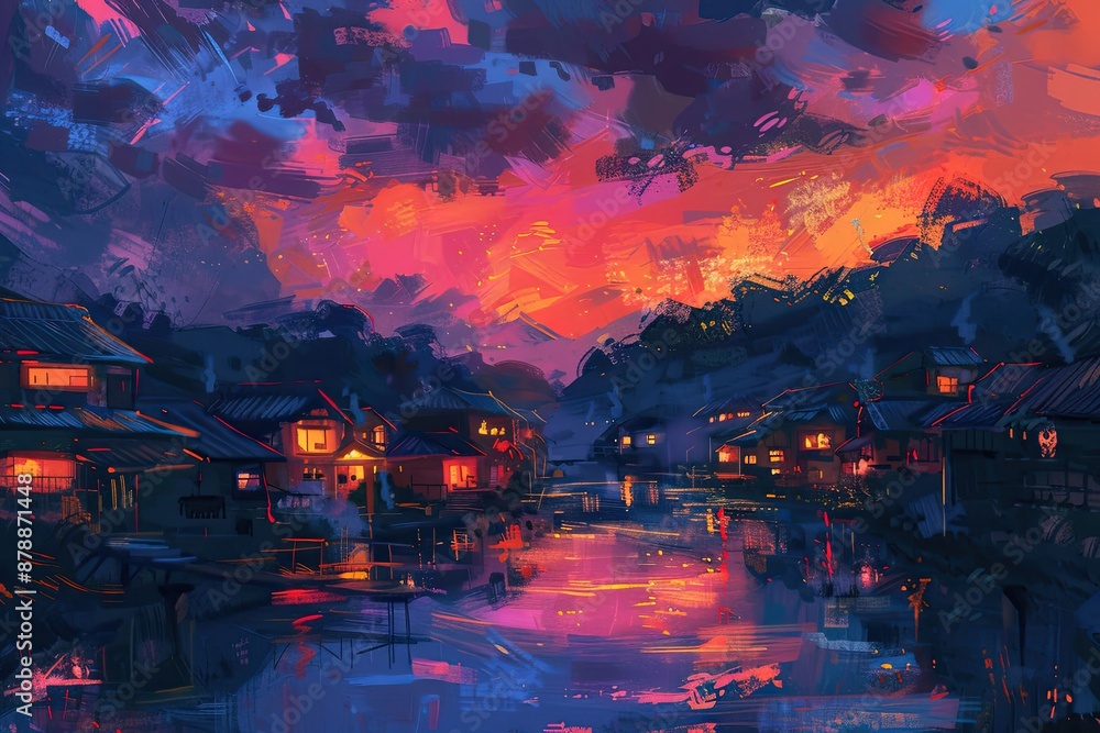 Obraz premium Impressionist painting of a village by a river at sunset in vibrant colors