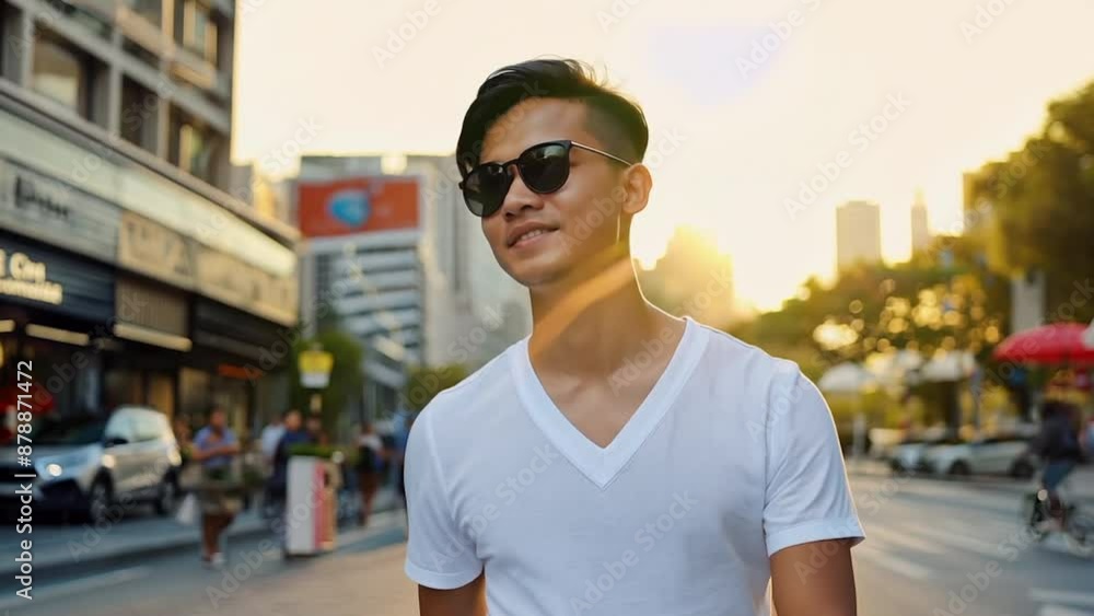 Young man wearing white underwear shirt walking street Young man wearing white underwear shirt walking street