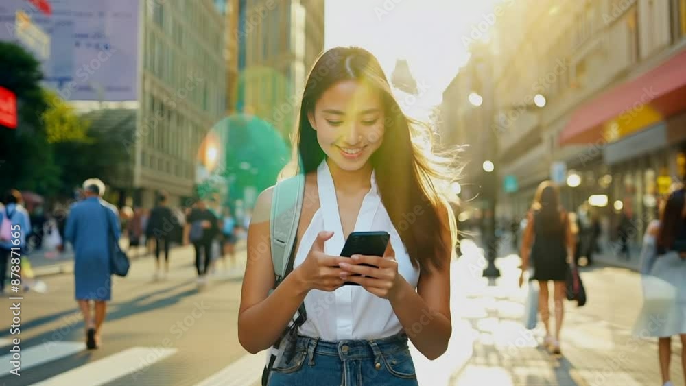 Asian woman walking street using smartphone Asian woman walking street using smartphone