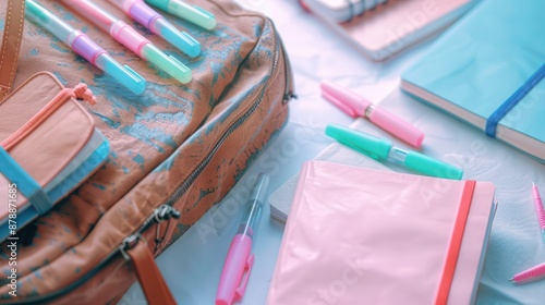 A close-up of a weathered brown 3D backpack with pastel pink, blue, and green gel pens, and matching pastel notebooks laid out on a clean white surface