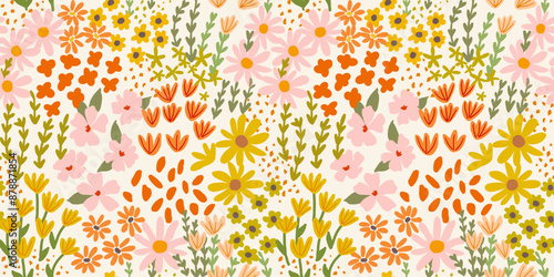 Seamless pattern with little wild meadow flowers and leaves. Colorful cute floral summer background. Can be used for wrapping, textile, print, banner, brochure, label, greeting card