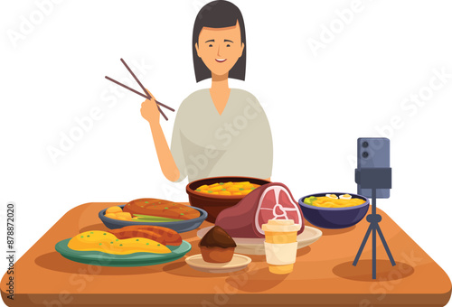 Food blogger holding chopsticks recording video with smartphone on tripod for her culinary vlog