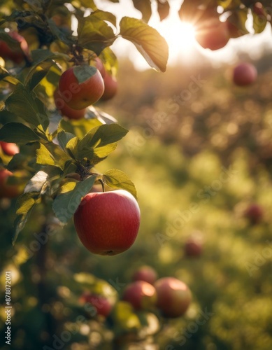 garden apple background treebranch nature tree plant rays growth red sun sunlight orchard close ripe leaf photo