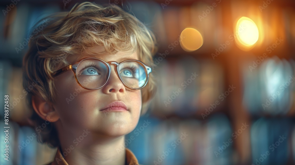 A young boy with glasses looking up at a bookcase A young boy with glasses looking up at a bookcase
