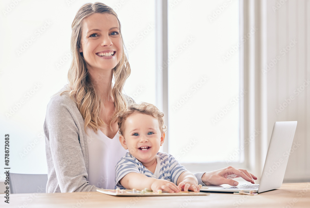 Portrait, remote work and mum with baby, laptop and smile with happiness, cheerful and business owner. Family, single parent and mother with infant, pc and project with internet, home or multitasking Portrait, remote work and mum with baby, laptop and smile with happiness, cheerful and business owner. Family, single parent and mother with infant, pc and project with internet, home or multitasking