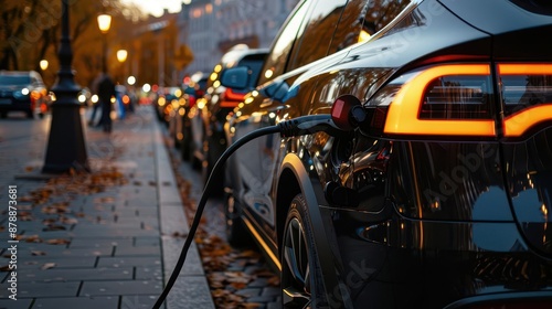 Quiet streets lined with electric cars, silent and clean, revolutionizing urban transport