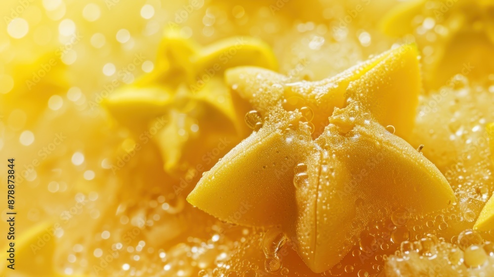 Close-up of Fresh Starfruit Slices with Water Drops. Close-up of Fresh Starfruit Slices with Water Drops.
