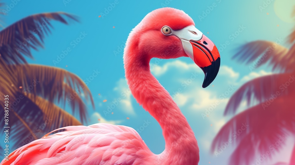 Fototapeta premium A vibrant pink flamingo stands against a tropical background with palm trees and a bright, blue sky with clouds