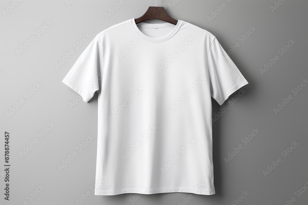A plain white T-shirt is displayed on a wooden hanger against a grey background, perfect for casual wear or as a blank canvas for custom designs A plain white T-shirt is displayed on a wooden hanger against a grey background, perfect for casual wear or as a blank canvas for custom designs