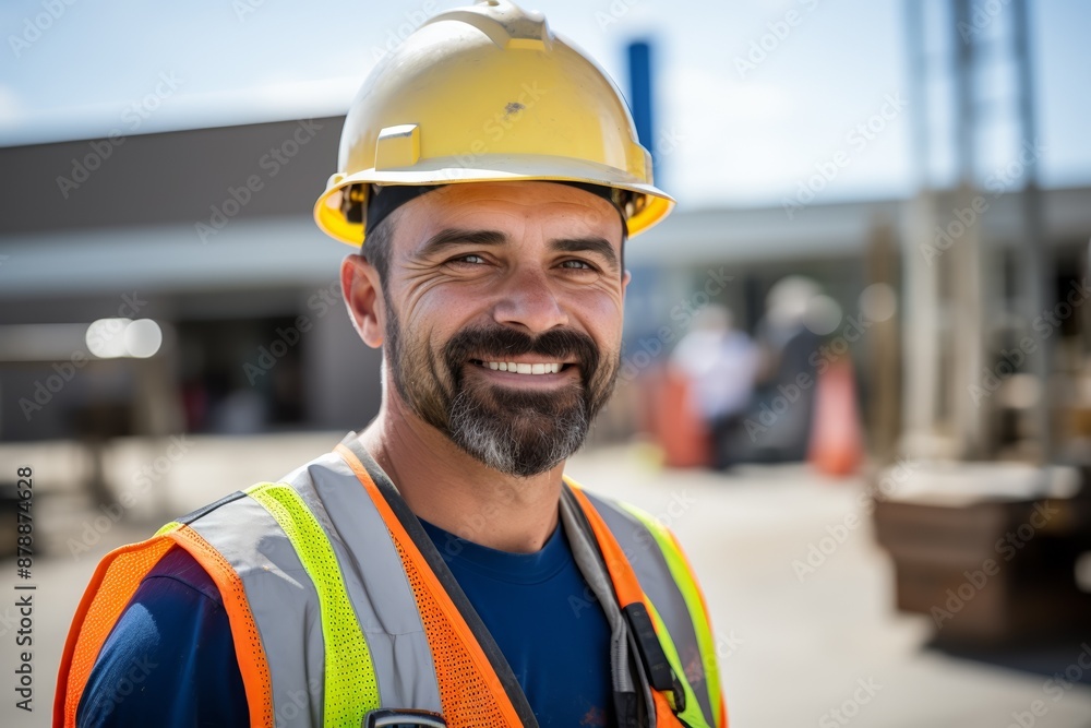 A smiling construction worker in a yellow hard hat and safety vest stands at a construction site on a sunny day A smiling construction worker in a yellow hard hat and safety vest stands at a construction site on a sunny day