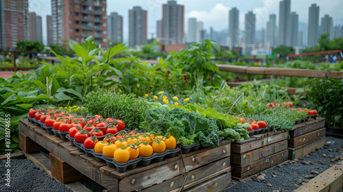 Urban rooftop garden with fresh vegetables and herbs, surrounded by high-rise buildings