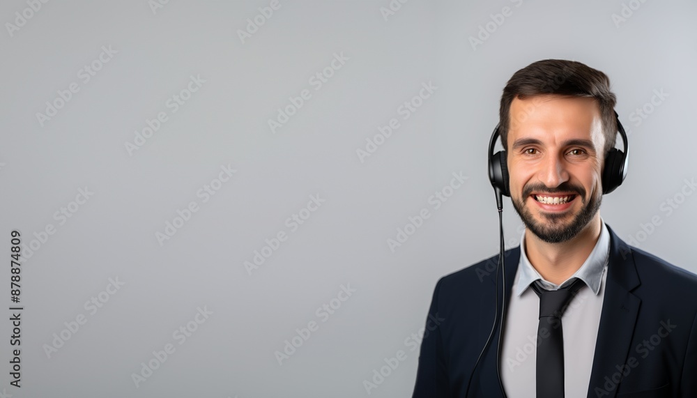 Smiling man in a suit with headphones, standing against a plain grey background. Smiling man in a suit with headphones, standing against a plain grey background.