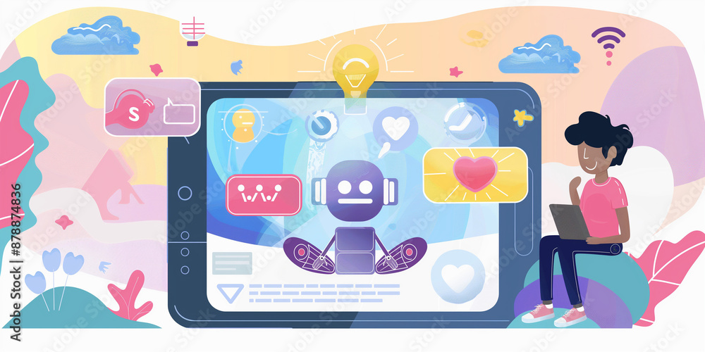 child using artificial intelligence on virtual screen with a simple minimalist colourful UI for communicating with friends online - future social media concept child using artificial intelligence on virtual screen with a simple minimalist colourful UI for communicating with friends online - future social media concept