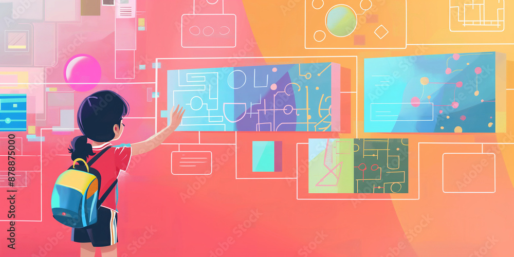 child using artificial intelligence on virtual screen with a simple minimalist colourful UI for communicating with friends online - future social media concept child using artificial intelligence on virtual screen with a simple minimalist colourful UI for communicating with friends online - future social media concept