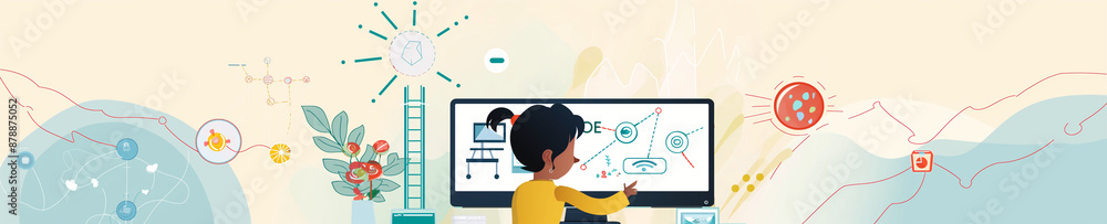 child using artificial intelligence on virtual screen with a simple minimalist colourful UI for communicating with friends online - future social media concept