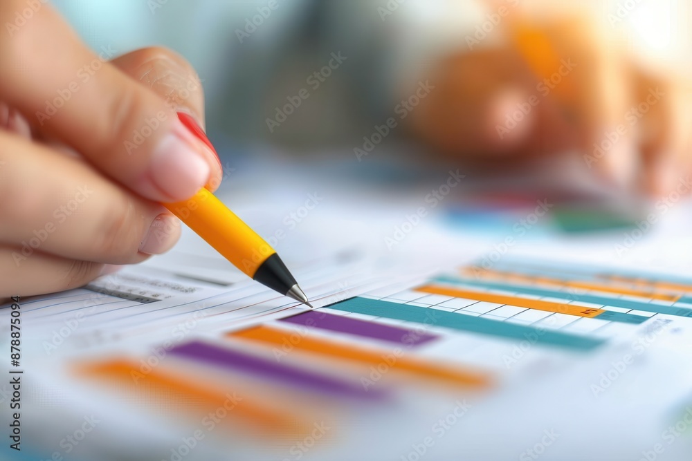 Close-up of a hand holding a yellow pencil, analyzing colorful charts and graphs on paper for business report or financial data review. Close-up of a hand holding a yellow pencil, analyzing colorful charts and graphs on paper for business report or financial data review.