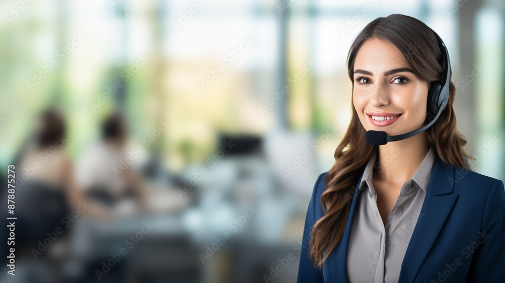 Smiling female customer service representative wearing a headset in an office environment with colleagues in the background Smiling female customer service representative wearing a headset in an office environment with colleagues in the background