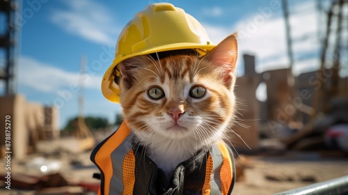 A cute orange and white kitten wearing a yellow hard hat and safety vest at a construction site