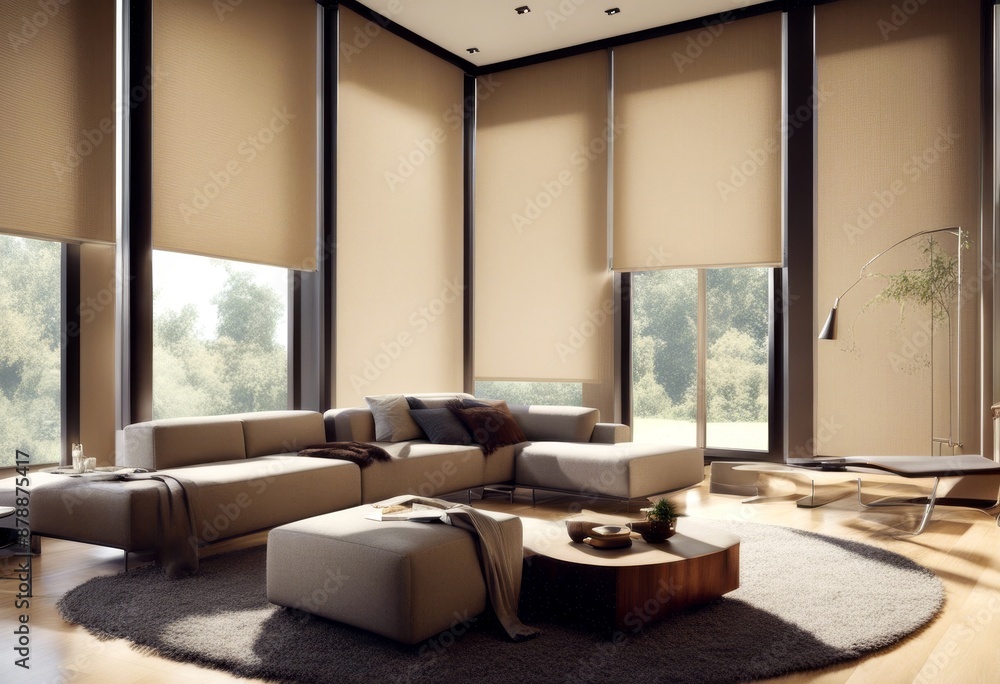 Fototapeta premium modern shades blinds walls roller sunscreen automatic home decor curtains copyspace wood interior solar blackout electric text large panels blind shutter window motorized