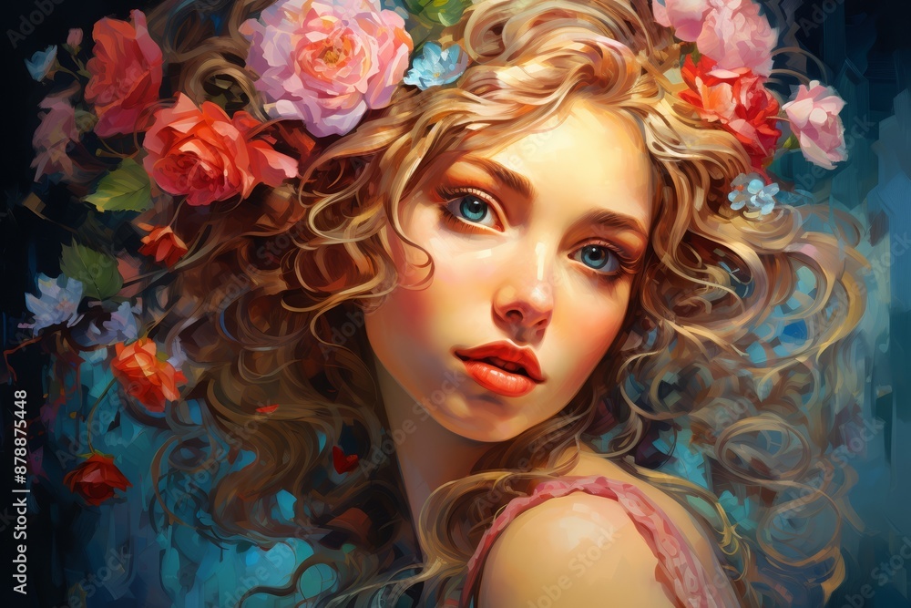 A woman with curly hair adorned with vibrant flowers gazes softly. The image has a dreamy, ethereal quality with vivid colors and an artistic, painterly style A woman with curly hair adorned with vibrant flowers gazes softly. The image has a dreamy, ethereal quality with vivid colors and an artistic, painterly style