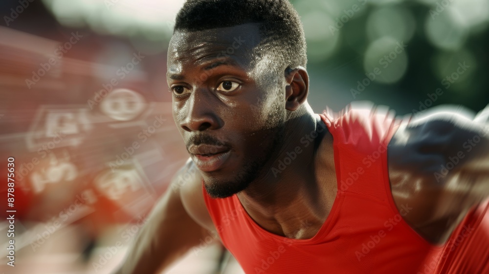 A man in a red tank top is running and has a blurry background A man in a red tank top is running and has a blurry background