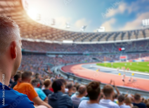A man is watching a sports game in a stadium with a crowd of people