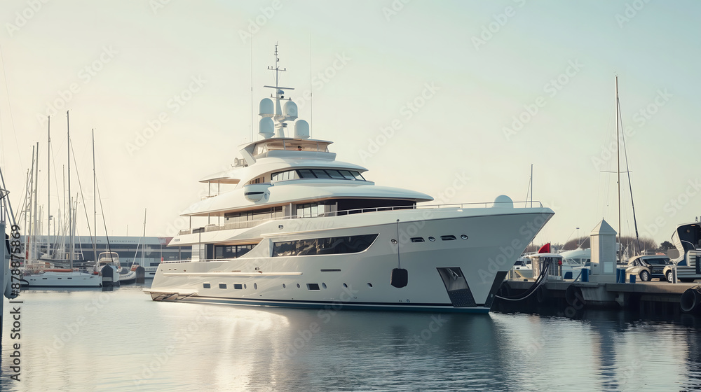 A luxurious sports yacht docked in a marina with scenic mountainous backdrop. A luxurious sports yacht docked in a marina with scenic mountainous backdrop.