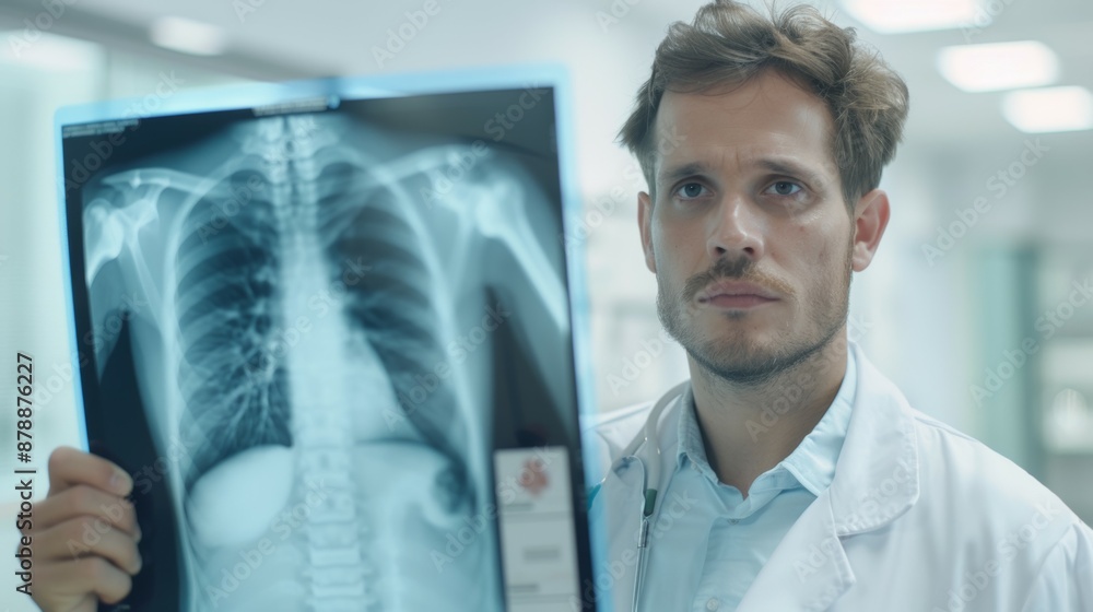A man in a white lab coat holding a medical x-ray of man's chest A man in a white lab coat holding a medical x-ray of man's chest