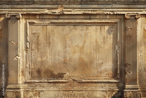Ancient Greek temple style weathered stone wall with ionic columns and blank panel