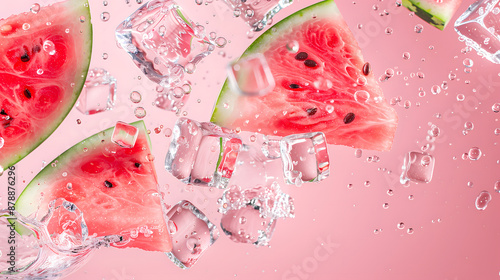 Fresh watermelon slices and ice cubes floating in water against a pink background.
