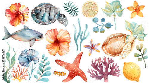Watercolor sticker sheet featuring cute sea life, flowers, and leaves