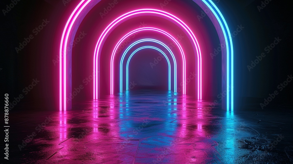 Illuminated Swirls and Arches in Pink and Blue: Black Background Design Illuminated Swirls and Arches in Pink and Blue: Black Background Design