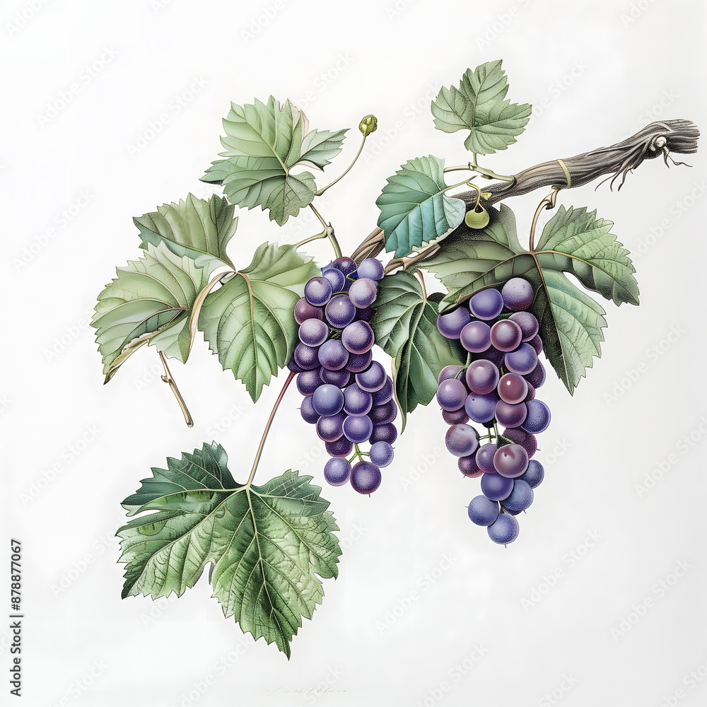 Fototapeta premium Detailed botanical illustration of grape clusters on a vine with leaves.