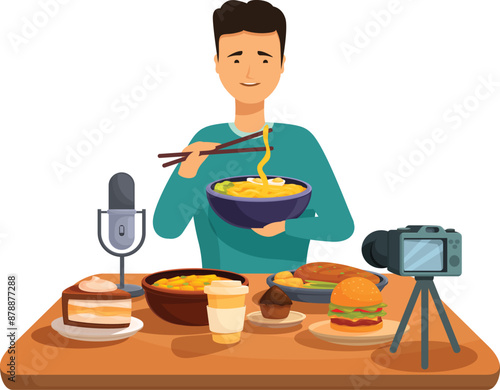 Food blogger recording video blog about food, using camera on tripod and eating noodles