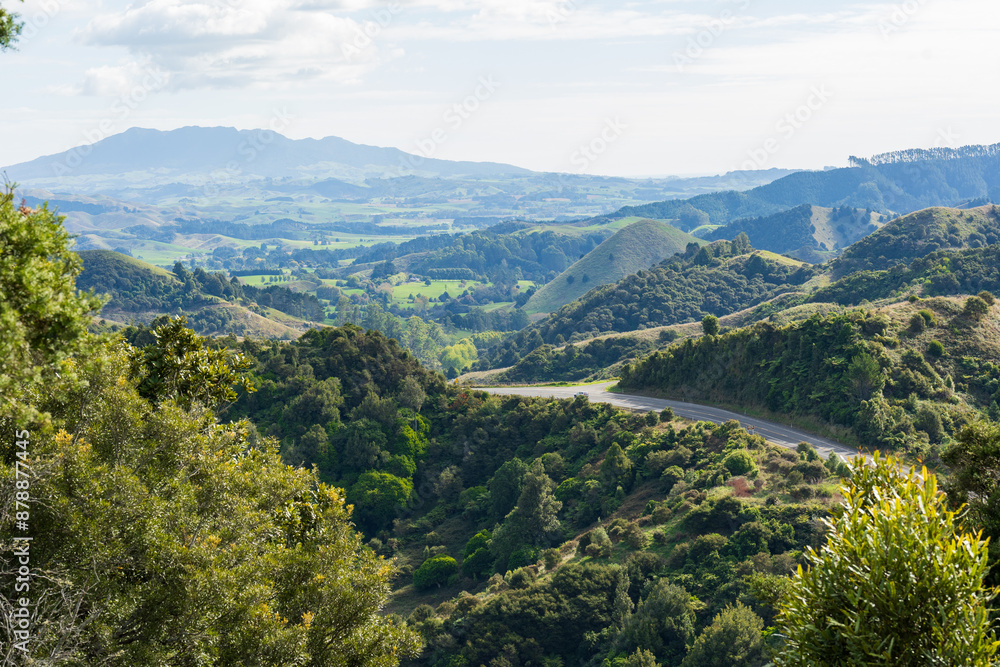 Looking towards Mt Karioi from Four Brothers Scenic Reserve along State Highway 23 between Raglan and Hamilton, New Zealand Looking towards Mt Karioi from Four Brothers Scenic Reserve along State Highway 23 between Raglan and Hamilton, New Zealand